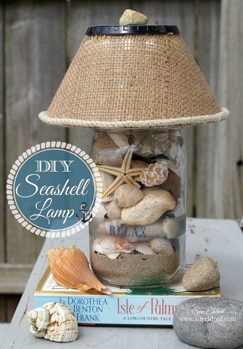 Like most people, I love to walk the beach and collect shells.  Usually I put them in a large clear vase to display them during the summer.  I received a light… Sea Shell Lamps, Shell Lamp Diy, Sea Shell Lamp, Seashell Lamp, Shell Lamps, Stick Painting, Deco Marine, Seashell Projects, Shell Lamp