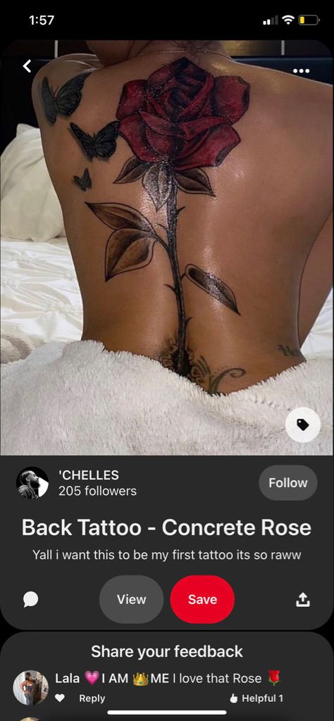 Large Feminine Back Tattoo, Rose Back Tattoo Women, Roses Back Tattoo, Rose Tattoo Back, Rose Back Tattoo, Rose Tattoo On Back, Concrete Rose, Cute Tats, Back Tattoo Women