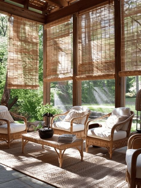 Sunroom Minimalist, Sunroom Over Deck, Window Treatments For Sunroom, Bamboo Shades Sunroom, Add A Sunroom, Boho Window, Zen Sunroom, Luxury Sunroom, Sunroom Porch