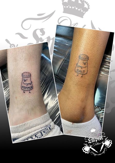 Salt and Pepper matching tattoos 🤍🖤 #Bestfriends #MatchingTattoos #Salt #Pepper #OldEmpireTattoo #SalfordTattoos #OldEmpirePromotor Salt And Pepper Tattoo, Pepper Tattoo, Empire Tattoo, Spiritual Tattoos, Bee Tattoo, Matching Tattoos, Cute Tattoos, Salt Pepper, Tattoos And Piercings