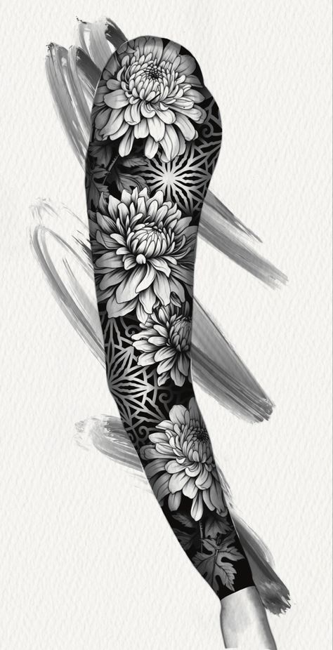 Patterned Sleeve Tattoo, Floral Pattern Tattoo Design, Geometric And Floral Tattoo, Black Work Cover Up Tattoo, Geometric Flower Tattoo Sleeve, Mandala Full Sleeve Tattoo, Dark Floral Tattoo Sleeve, Black Work Tattoo Sleeve, Pattern Sleeve Tattoo