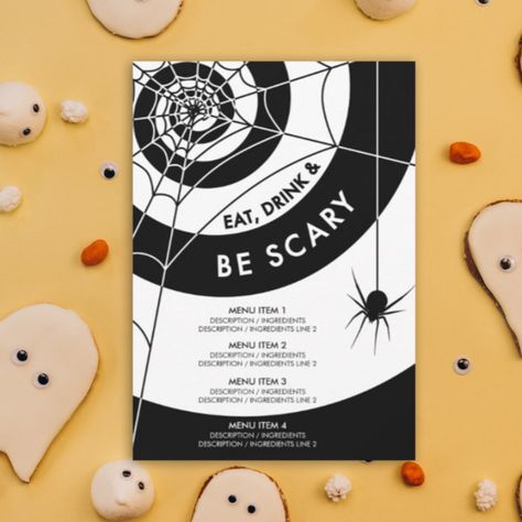 Halloween Dinner / Drink Menu Black & White Invitation - halloween invitations wbg White Halloween Party, Black White Invitation, Hanging Spider, Halloween Cocktail Party, Black And White Swirl, Black White Halloween, Black And White Spider, Black And White Halloween, Halloween Menu