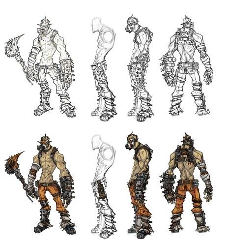 Krieg concept art from Borderlands 2 Kraig Borderlands, Borderlands Concept Art, Graphic Narrative, Apocalyptic Character, Borderlands Cosplay, Borderlands Series, Borderlands Art, Character Turnaround, Art Concepts