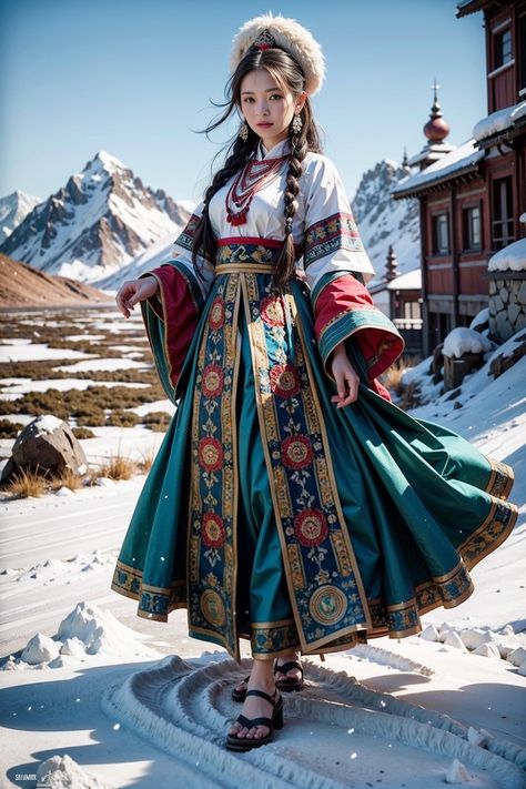 Russia Traditional Clothes, Himalayan Fashion, Tibetan Clothes, Tibetan Clothing, Russian Clothing, German Outfit, Dinosaur Outfit, Comic Layout, Fashion Drawing Dresses