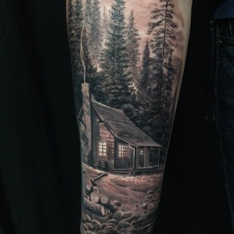 Cabin Tattoo, Moonlight Tattoo, Forest Tattoo Sleeve, Space Tattoo Sleeve, Black Flowers Tattoo, Wood Tattoo, Truck Tattoo, Forearm Tattoo Quotes, Left Arm Tattoos