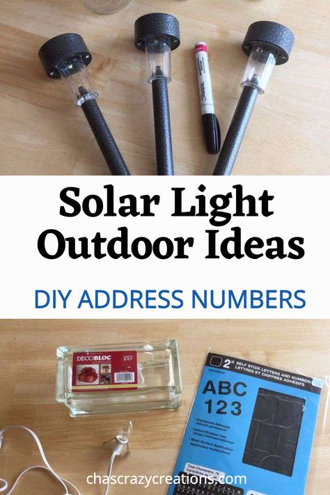 solar light materials for address numbers with text overlay solar light outdoor ideas diy address numbers Solar House Numbers Diy, Lighted House Number Ideas Outdoor, Diy Address Sign, Solar House Numbers, Glass Block Crafts, Solar Light Crafts, Porch Table, Cement Garden, Solar Pathway Lights