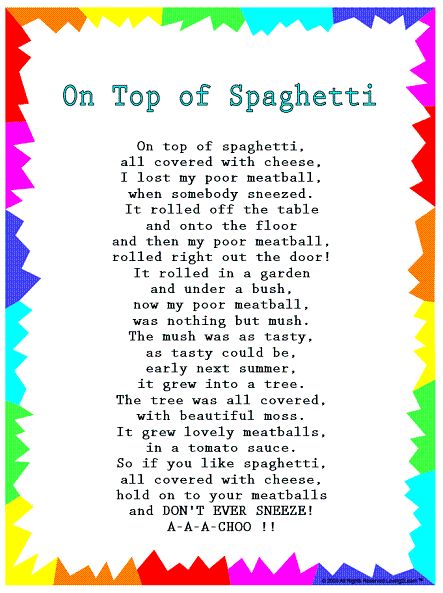 Silly Songs: Lyrics for "On Top of Spaghetti" with a Learn Along Video Nursery Rhymes Lyrics, Circle Time Songs, Camp Songs, Kindergarten Songs, Classroom Songs, Songs For Toddlers, Nursery Songs, School Songs, Silly Songs