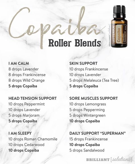 Copaiba roller blends Essential Oil Blends Roller, Terra Essential Oils, Essential Oil Roller Bottle Recipes, Copaiba Essential Oil, Roller Bottle Recipes, Roller Blends, Roller Bottle Blends, Doterra Oil, Essential Oil Roller Balls