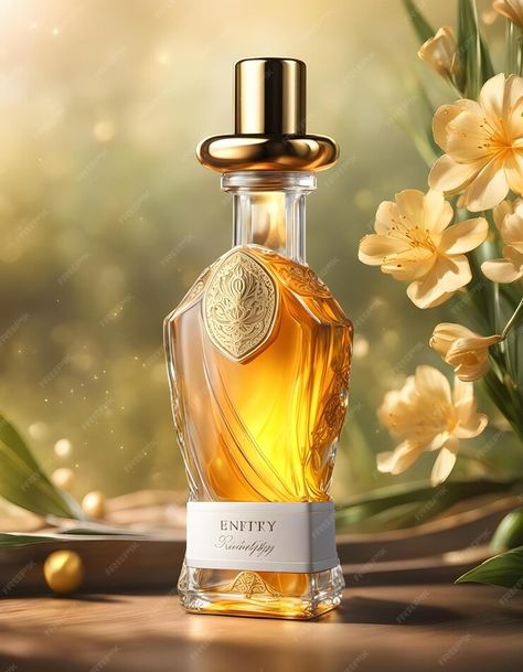 A bottle of villic perfume with a gold ribbon around the top | Premium AI-generated image Wallpaper Collages, Gold Bottle, Gold Bottles, Bottle Picture, Product Packaging Design, Logo Psd, Free Business Card Mockup, Gold Ribbon, Card Banner