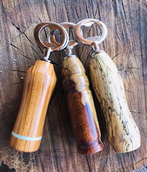 Hand turned bottle openers in assorted hardwoods Wooden Bottle Openers Handmade, Bottle Openers On Wood, Wood Beer Opener, Wood Turned Bottle Opener, Cnc Bottle Opener, Wood Bottle Opener, Wood Bottles, Wood Design, Bottle Opener