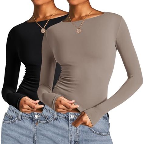 Womens Tight Shirts, Cheap Seamless Long Sleeve Tops, Cheap Amazon Tops For Day Out, Undershirts Women Long Sleeve, Long Sleeve Crop Top Shirts, Flattering Long Sleeve Shirt, Scoop Neck Long Sleeve Shirt, Fitted Long Sleeve Tshirt, Long Sleeve Tshirt Folding Hack