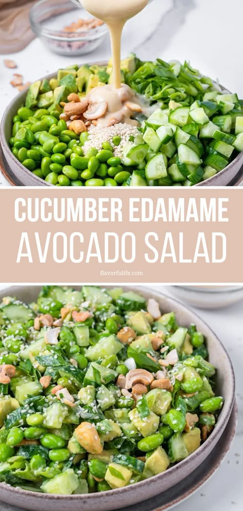 Dive into our high protein salad recipe for a fulfilling meal. This easy bowl is a mix of edamame salad, cucumber, avocado, and crunchy cashews, making it not only healthy but also vegan and low carb. Each serving is tossed with a flavorful dressing, perfect for any vegetarian diet. Salad With Miso Dressing, Plant Based Lunch Ideas, Plant Based High Protein, Edamame Recipes Salad, Protein Salad Recipes, Protein Salads, Vegetarian High Protein, Salad With Cucumber, Edamame Recipes