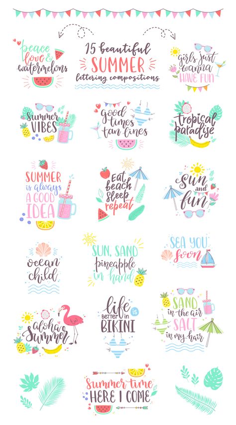 Summer Lettering Design, Summer Sticker Ideas, Summer Illustration Design, Summer Vibes Quotes, Summer Illustration Art, Summer Journal Stickers, Bullet Journal Summer Ideas, Cute Summer Stickers, Tropical Quotes