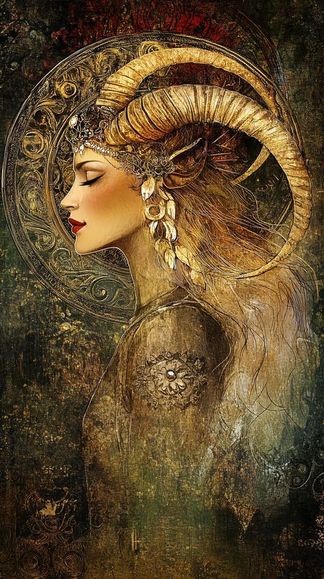 A captivating Capricorn woman portrayed in Csaba Markus's enchanting style, blending elegance and mystique with intricate details and lush colors, embodies the determined spirit of the zodiac. Myth Painting, Capricorn Goddess, Capricorn Woman, Capricorn Art, Capricorn Girl, Capricorn Women, Beautiful Dark Art, Zodiac Capricorn, Intricate Details