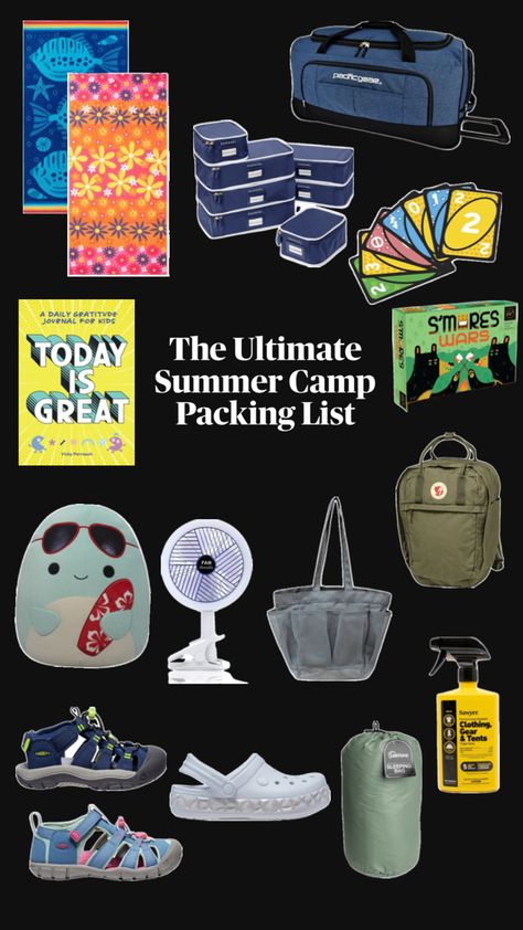 Array of summer camp items on black background  “the ultimate summer camp packing list” Sleepaway Camp Packing List, Sleepaway Camp Packing, Cabin Games, Summer Camp Packing List, Summer Camp Packing, Camp Packing List, Camp Packing, Summer Day Camp, Sleepaway Camp