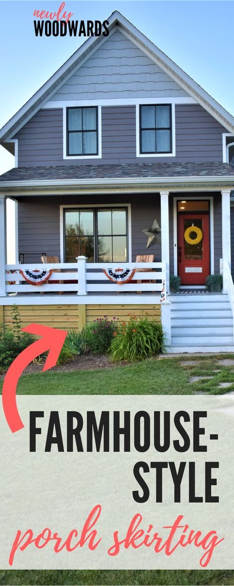 Add a farmhouse style porch skirting for a finishing touch Horizontal Porch Skirting, Front Porch Skirting Ideas, House Skirting Ideas Exterior, Porch Underpinning, Porch Skirting Ideas, Farmhouse Porch Railing, Porch Skirting, Modern Farmhouse Front Porch, Cottage Deck