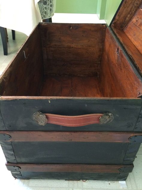 Restored Steamer Trunk, Trunk Redo Ideas Diy, How To Restore An Old Trunk, Antique Steamer Trunk Restoration, Steamer Trunk Restoration, Painted Steamer Trunk, Steamer Trunk Ideas, Old Trunk Redo, Antique Trunk Makeover