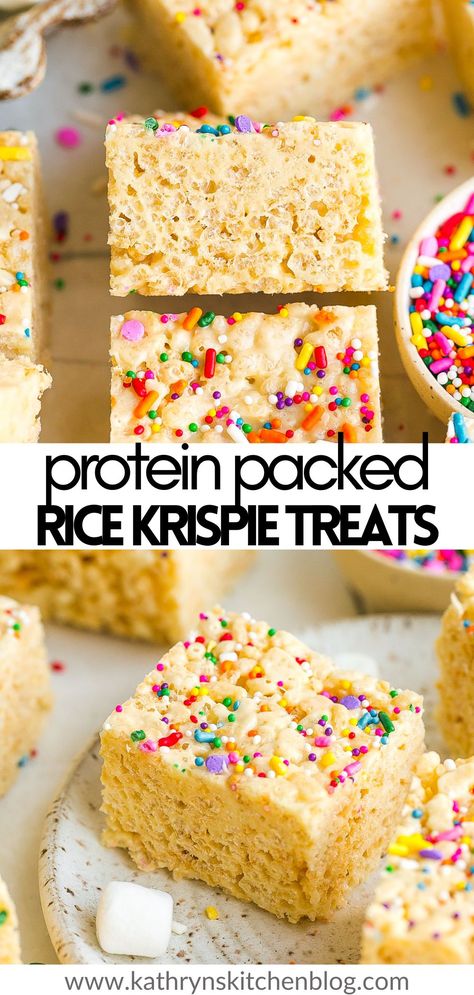 These High Protein Rice Krispies are soft, loaded with gooey marshmallows and will satisfy any sweet tooth. Similar to childhood classic crispy treats, except these have an extra boost of protein and make a great dessert or snack option! Dessert Protein Recipes, Protein Krispy Treats, Healthy Rice Crispies, Protein Snacks Kids, Rice Krispie Protein Bars, High Protein Kids Snacks, Healthy Rice Krispies, High Protein Meal Prep Snacks, Protein Balls With Rice Krispies