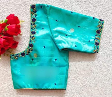 Sky Blue Blouse Designs, Simple Thread Work Blouse, Blue Embroidery Blouse, Simple Thread Work Blouse Designs, Simple Thread Work, Thread Work Blouse Designs, Mattu Pongal, Golden Blouse Designs, Sky Blue Blouse