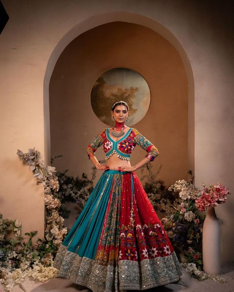 A beautiful choli with cowrie details and multi panelled flared skirt is all you need to make your Navratri more happening 🌈✨ @rups_boutique #garba #traditional #gujrat #navratrispecial #chaniyacholis #instagramers #usa #desi #instagramreels #india #navratri2024 #dandiya #instagood #gujjus #gujjustyle Gujrati Dandiya Dress, Dandiya Dress, Garba Outfit, Navratri Lehenga, Navratri Dress, Navratri Chaniya Choli, Lengha Choli, Choli Designs, Navratri Special