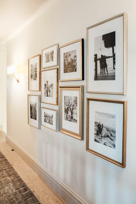 Hall Pictures Wall, Family Photo Art Wall, Mixed Canvas And Frame Wall, Living Room With Photo Wall, Large Photo Gallery Wall Living Room, Diy Picture Wall Decor, Dining Room Gallery Wall Ideas Modern, Mixing Family Photos With Art, Frames Living Room Wall