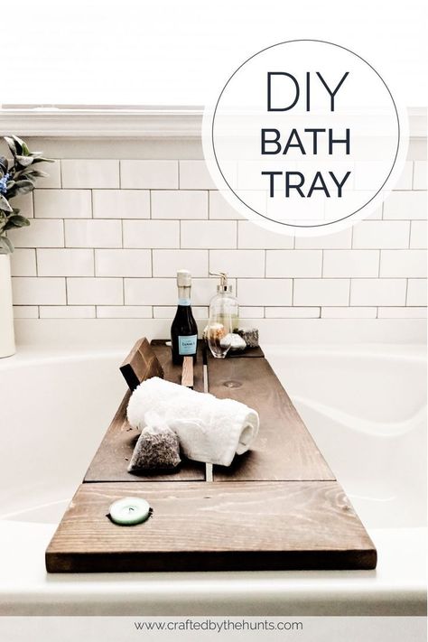 Learn how to make a DIY bath tray with this tutorial idea. A bath caddy is practical and is also great decor for all bathtubs! The built-in candle and wine glass holder scream luxury! It's a great gift for her: whether it be a Valentine's Day gift for your girlfriend or a Mother's Day gift for mom! Anyone who loves baths is sure to enjoy this beautiful wooden bath tray! #giftsforher #bathtub #bathtray #bathcaddy #diproject #projectideas #bathroomdecor Caddy Diy, Diy Bathtub, Bath Board, Bathtub Tray, Wooden Bath, Bath Tray, Bedrooms Decor, Tray Ideas, Diy Gifts For Friends