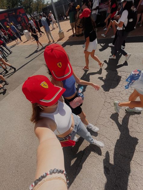 #formula1 #f1 #outfits #ideas #aesthetic #ferrari Interlagos F1 Aesthetic, Ferrari Hat Outfit, F1 Wag Aesthetic Ferrari, Ferrari Girl Aesthetic, Gp Outfit, Ferrari Outfit, Ferrari Hat, Aesthetic Ferrari, F1 Outfit