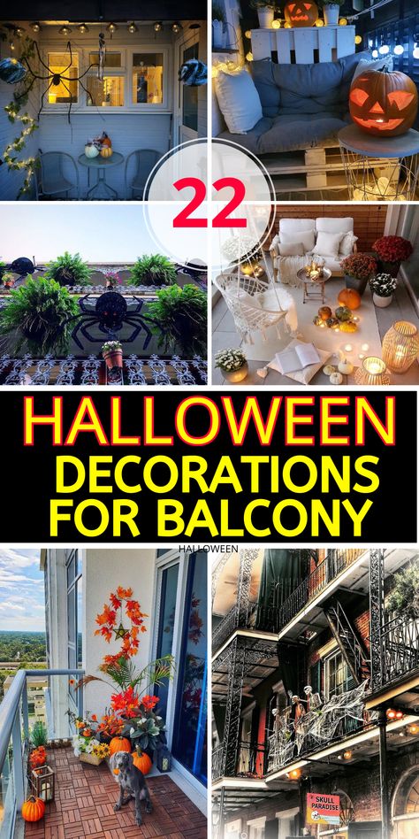 26 Halloween Door Decorations: Transform Your Home with These Spooky and Fun Ideas! Halloween Awning Decor, Halloween Apartment Decor Balcony, Apartment Patio Halloween Decor, Apartment Porch Halloween Decorations, Apartment Halloween Decor Outdoor, Halloween Balcony Decorations, Balcony Halloween Ideas, Apartment Balcony Halloween Decor, Halloween Balcony Decor