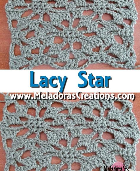 Free crochet pattern: Lacy Star stitch with tutorial by Meladora's Creations Lacy Crochet, Crochet Stitch Patterns, Crochet Geek, Crochet Stitches Free, Crochet Stars, Crochet Tips, Crochet Patterns Free, Crochet Stitches Tutorial, Crochet Stitches Patterns