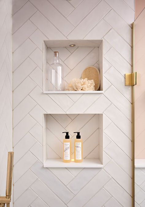 White metro tiles in chevron pattern in shower Herringbone Bathroom, Herringbone Tile Bathroom, Herringbone Wall, Bathroom 2024, Chevron Tile, White Ceramic Tiles, Loft Bathroom, Decorative Wall Tiles, White Tile Floor