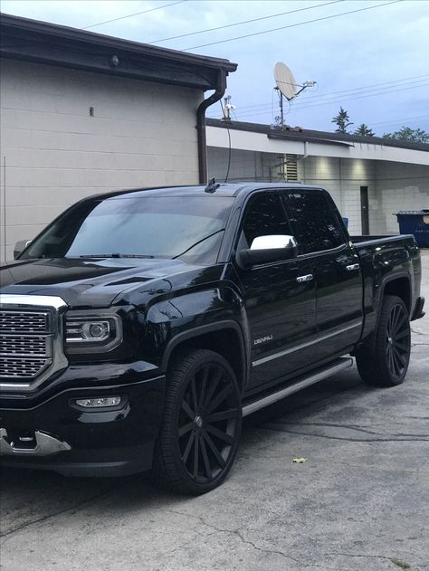 Silverado Aesthetic, Gmc Truck Aesthetic, Black Trucks Aesthetic, Black Gmc Sierra, Gmc Denali Truck, Blacked Out Chevy Silverado, Truck Rims And Tires, Denali Truck, Gmc Sierra Denali