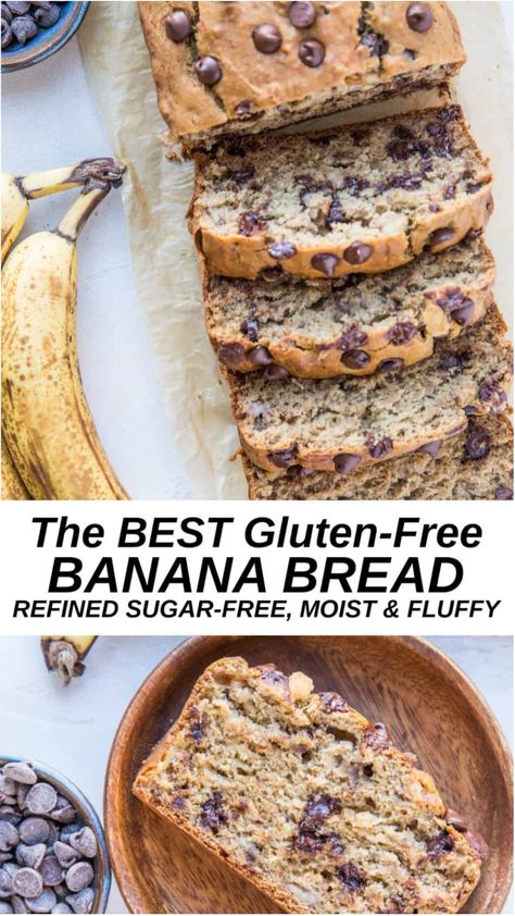 The BEST gluten-free banana bread recipe sweetened with coconut sugar. Add chocolate chips or chopped nuts to this moist and fluffy bread. Recipes With Bananas Gluten Free, Nut Free Banana Bread Recipe, Dairy Free Chocolate Chip Banana Bread, The Best Gluten Free Banana Bread, Gluten Free Moist Banana Bread, Gluten Free Banana Bread Oat Flour, Gluten Free Recipes With Bananas, Banana Bread Gluten Free Recipe, Gluten Free Banana Desserts