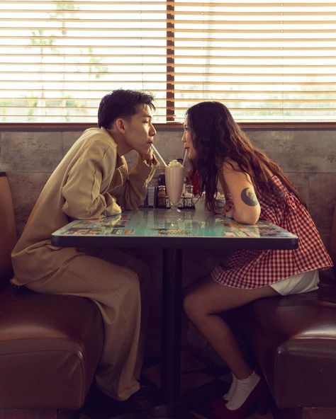 Something fun for your October 31st, a classic kinda love ❣️🎞️ . . keywords - diner shoot, retro, oldies, couples photoshoot, cinematic photos, movie scenes, nostalgia, Halloween, halloween shoot, classic, aesthetic, Pinterest Retro Date Aesthetic, 70s Diner Photoshoot, Steak And Shake Photoshoot, Drive In Movie Engagement Shoot, Vintage Couple Portraits, Vintage Couple Photoshoot Retro, Retro Diner Photoshoot Couple, Highschool Sweetheart Photoshoot, Couple Diner Photoshoot