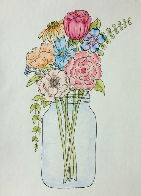 Flower illustration I drew using pen and colored pencil Small Colour Pencil Drawings, Flower Bouquet Drawing Color Pencil, A Vase Of Flowers Drawing, Flowers Drawing In A Vase, Colored Pencil Floral Art, Pen Flowers Drawing, Aesthetic Flower Bouquet Drawing, Drawing Of Flower Bouquet, Flower Sketches Colored Pencil