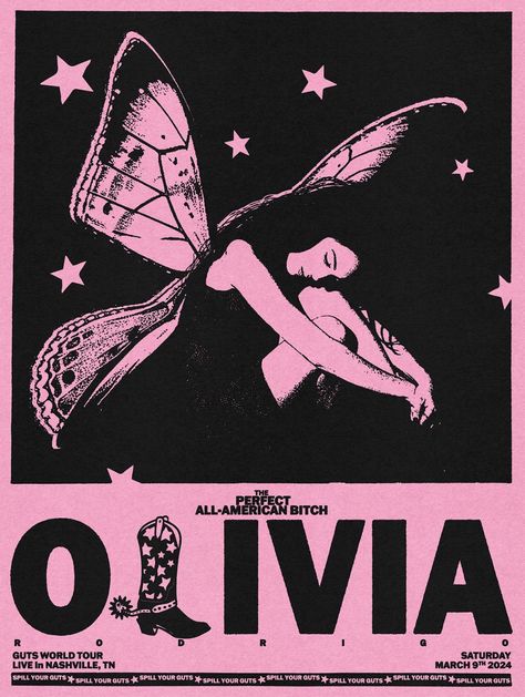 Olivia Rodrigo, Touring Issue Aesthetic Olivia Rodrigo Poster, Pink Olivia Rodrigo Poster, Olivia Rodrigo Pink Poster, Concert Poster Design Ideas, Oliva Rodrigo Poster, Olivia Rodrigo Poster Guts, Olivia Rodrigo Guts Poster, Olivia Rodrigo Poster Aesthetic, Pink Music Poster