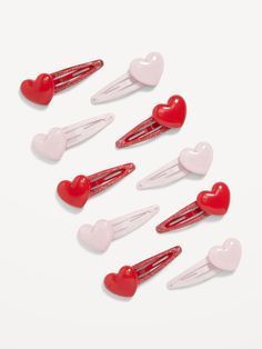 Heart Clips Hair, Cute Hair Excessories, Red Heart Accessories, Heart Hair Accessories, Valentines Homescreen, Sisterhood Outfits, Heart Hairclips, Heart Hair Clips, Dior Kids