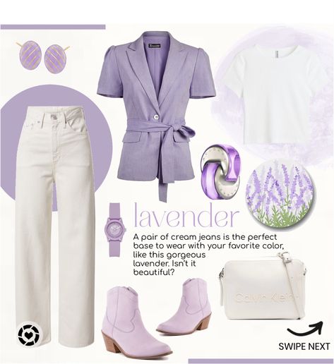 Ways to wear a lavender jacket, white or cream jeans and booties. Outfit ideas. Lilac And Cream Outfit, Lavender Jacket Outfit, Purple Outfits Casual, Lavender And White Outfit, Lavender Jeans Outfit, Jeans And Booties Outfit, Lavender Jacket, Lavender Jeans, Lavender Outfit