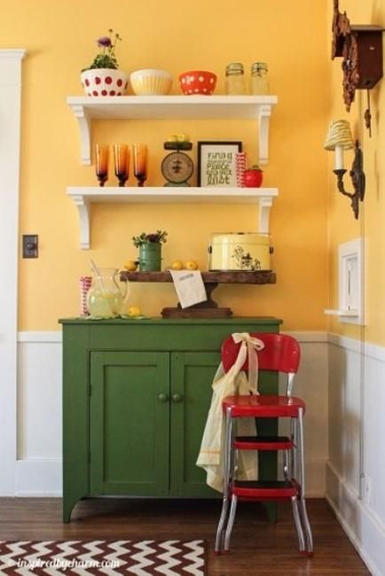 Small Kitchen Designs in Yellow and Green Colors Accentuated with Red or Light Blue Dinning Room Shelves, White Yellow Kitchen, Yellow Kitchen Walls, Yellow Kitchen Designs, Dining Room Shelves, Home Coffee Stations, Coffee Bars In Kitchen, Coffee Bar Home, Room Shelves