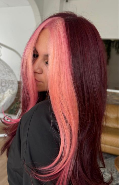 Burgundy Hair With Pink Peekaboos, Coral Money Piece Hair, Deep Red And Pink Hair, Black Hair With Pink Money Pieces, Pink Hair With Money Piece, Red Hair With Pink Money Piece, Dark Red And Pink Hair, Valentines Day Hair Color, Red Hair Pink Money Piece