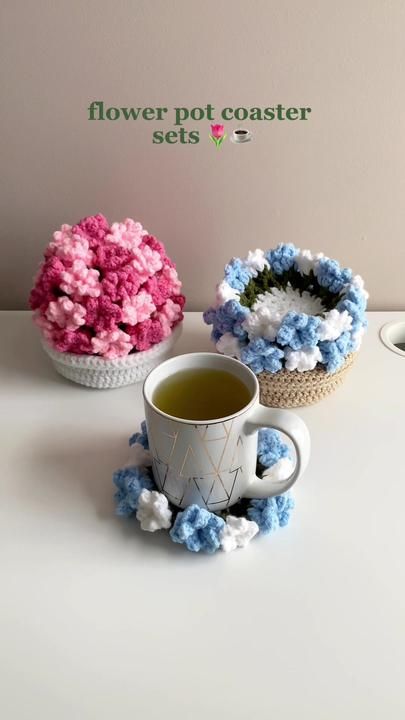 Sam on TikTok Coaster Flower Pot Crochet, Crochet Coasters Flower Pot, Crochet Flower Pot Coaster, Flower Pot Coaster Crochet, Crochette Ideas, Grandma Crochet, Crochet Goddess, Crochet Coaster Set, Crochet Necklace Pattern