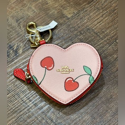 NWT CF160 Coach Heart Shaped Bag Charm Coin Purse Cherry Print Powder Pink Pouch Keychain, Pink Feminine, Heart Shaped Bag, Mini Logo, Mini Logos, Gold Powder, Keychain Bag, Love Romantic, Cherry Print