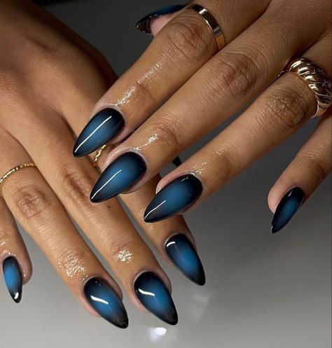 Dark Blue Long Nails With Design, Blue Nail Designs Ombre, Nail Ideas Almond Blue, Almond Nails Blue Chrome, Dark Blue Nails Almond Shape, Simple Blue Almond Nails, Matte Aura Nails, Moody Winter Nails, Blue And Black Ombre Nails