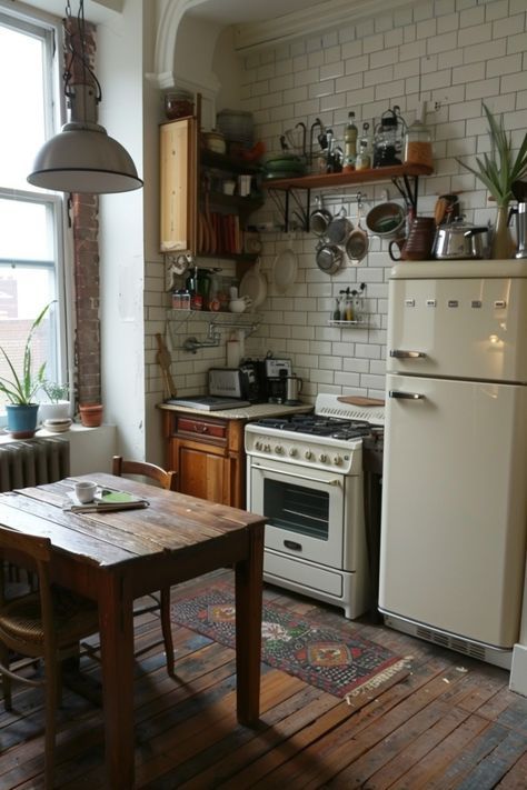 Small French Kitchen Design, Downtown Kitchen Aesthetic, Small Nyc Apartment Kitchen, Kitchen Design Old Style, City Kitchen Aesthetic, Kitchenette Aesthetic, Alternative Kitchen Ideas, Small Old Kitchen Ideas, Small Apartment Vintage