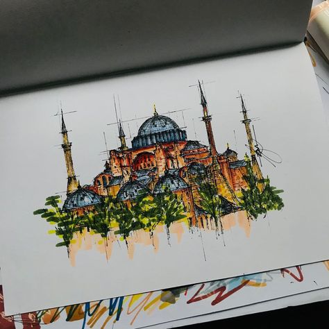 Hagia Sophia Istanbul Drawing, Hagia Sophia Painting, Hagia Sophia Aesthetic, Hagia Sophia Sketch, Hagia Sophia Architecture, Hagia Sophia Drawing, Trees Rendering, Hagia Sophia Istanbul, Architecture Drawing Presentation