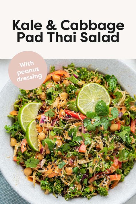 Inspired by the Whole Foods salad bar, this kale and cabbage pad thai salad has all the flavors of pad thai in salad form! It's loaded with fresh veggies and tossed in the most delicious peanut dressing. Vegan + gluten-free. Cabbage Pad Thai, Pad Thai Salad, Kale And Cabbage, Thai Peanut Salad, Kale Cabbage, Noom Recipes, Thai Salad, Clean Foods, Yummy Salads