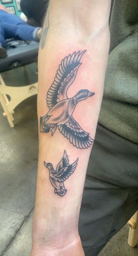 Ducks flying Duck Hunting Tattoos For Women, Duck Flying Tattoo, Duck Hunting Tattoos Sleeve, Duck Hunt Tattoo, Ducks Flying Tattoo, Duck Tattoos For Men, Mallard Duck Tattoo Black And White, Duck Hunting Tattoos, Duck Tattoos