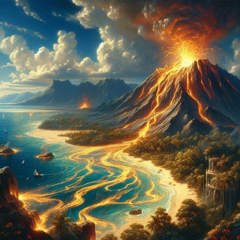 An erupting volcano in the middle of a tropical island, with golden lava flowing towards the sea glistening in the sun. #artificialintelligence #ilustration Volcano Aesthetic, Volcano Island, Erupting Volcano, Volcanic Island, Lava Flow, Level Design, Tropical Island, Tropical Islands, Mountain Range