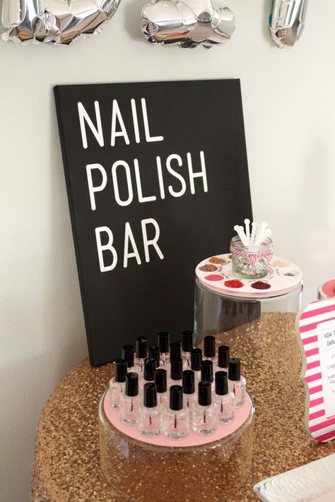 Learn how to make your own nail polish and set up an adorable "DIY Nail Polish Bar!" Spa Party Dessert Table, Nail Party Ideas, Diy Event Decorations, Self Care Party, Lacquer Bar, Nail Polish Party, Birthday Board Diy, Makeup Birthday Party, Spa Day Party