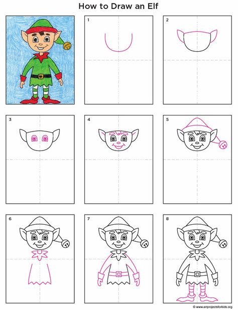 How to draw an Elf. PDF tutorial available. #artprojectsforkids #howtodraw #elf Art 2nd Grade, Trin For Trin Tegning, Zantangle Art, Elf Drawings, Classe D'art, Holiday Art Projects, Christmas Art Projects, 2nd Grade Art, Winter Art Projects