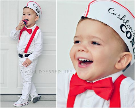 Toddler boy Halloween Costume by Jaime Spencer of AWellDressedLife.  Ice Cream Truck.  Cashton's Cones 2016 Diy Ice Cream Man Costume, Ice Cream Family Costume, Family Ice Cream Costume, Tommy Boy Costume, Ice Cream Halloween Costume, Ice Cream Man Costume, Halloween Toddler Boy, Ice Cream Costume, Toddler Winter Clothes